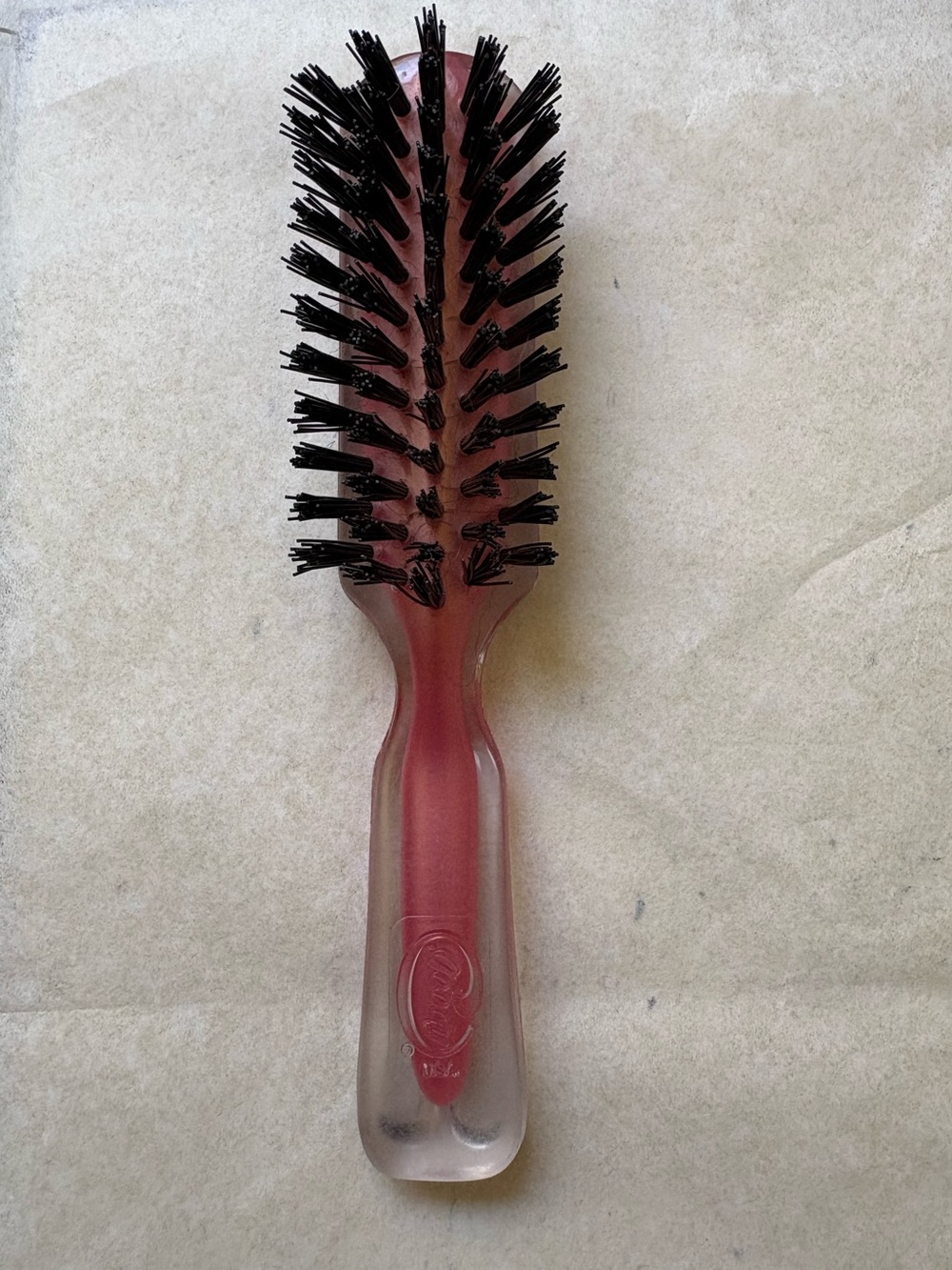Vintage Goody Pink & Clear Plastic Hair Brush 6" Nylon Bristles Purse USA